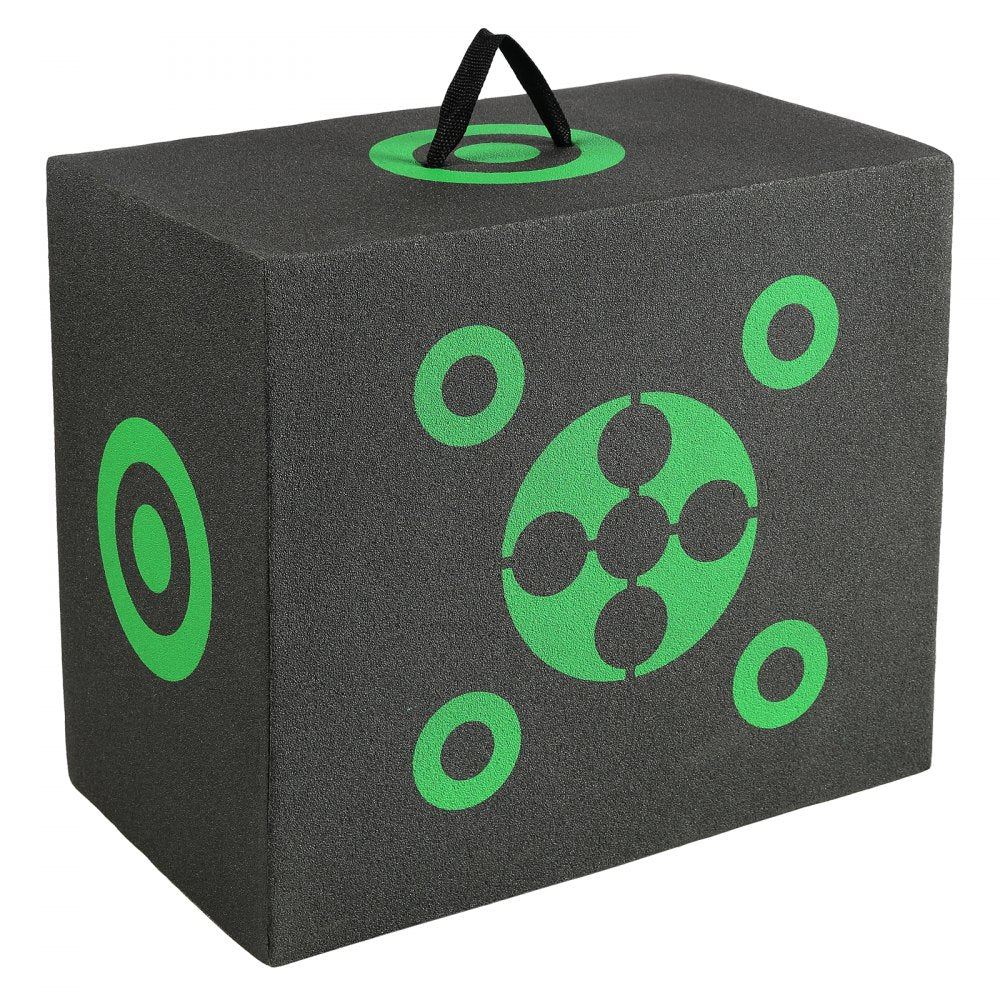 A black 16x18 inch portable archery target made of XPE foam with green bullseye markings and a handle.