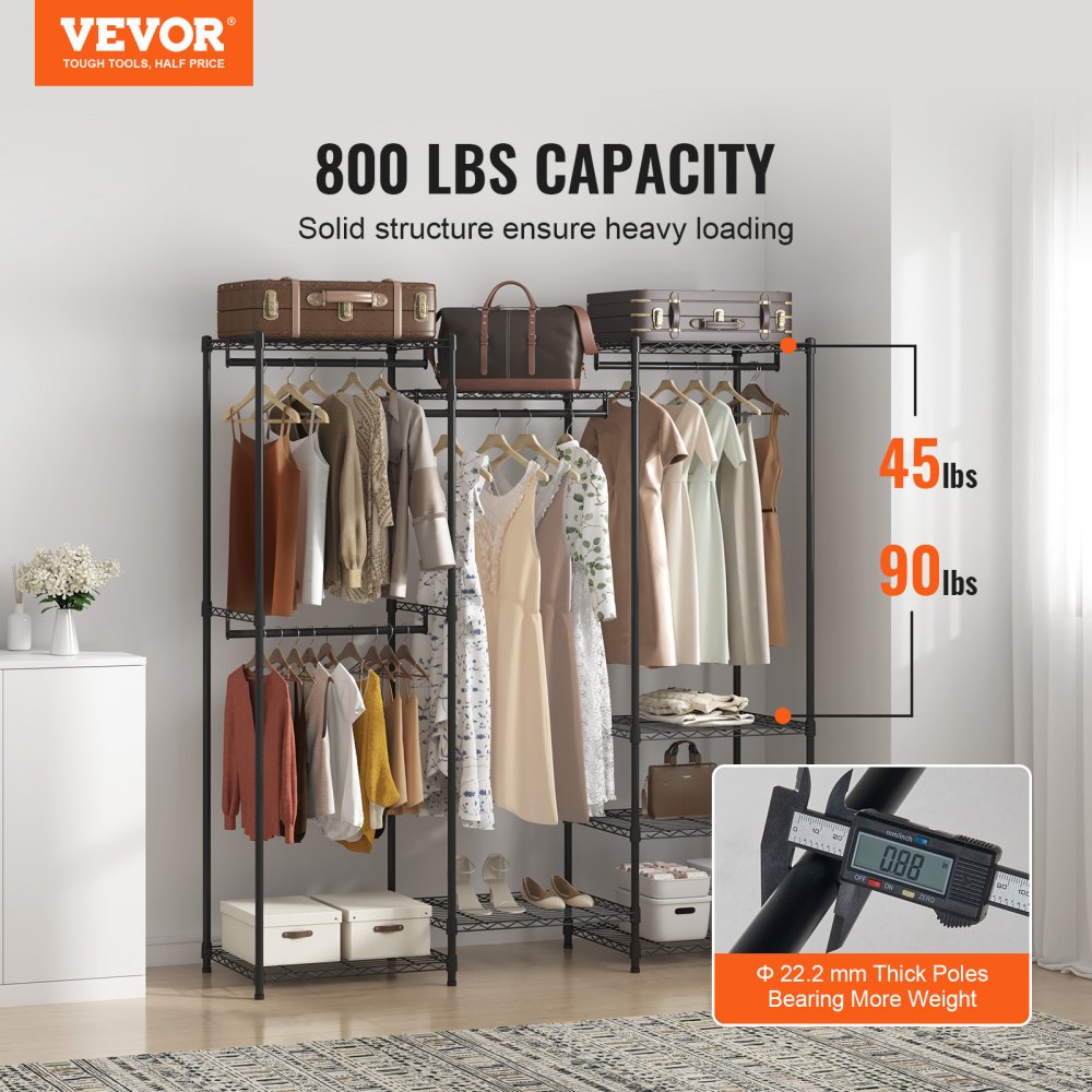 Heavy Duty Clothes Rack, Rolling Clothing Garment Rack with 4 Hang Rods & 8 Storage Tiers, Adjustable Custom Closet Rack, Freestanding Wardrobe for Hanging Clothes, 800 lbs Load Capacity