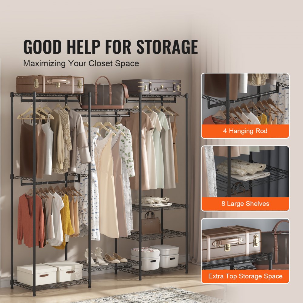 Heavy Duty Clothes Rack, Rolling Clothing Garment Rack with 4 Hang Rods & 8 Storage Tiers, Adjustable Custom Closet Rack, Freestanding Wardrobe for Hanging Clothes, 800 lbs Load Capacity