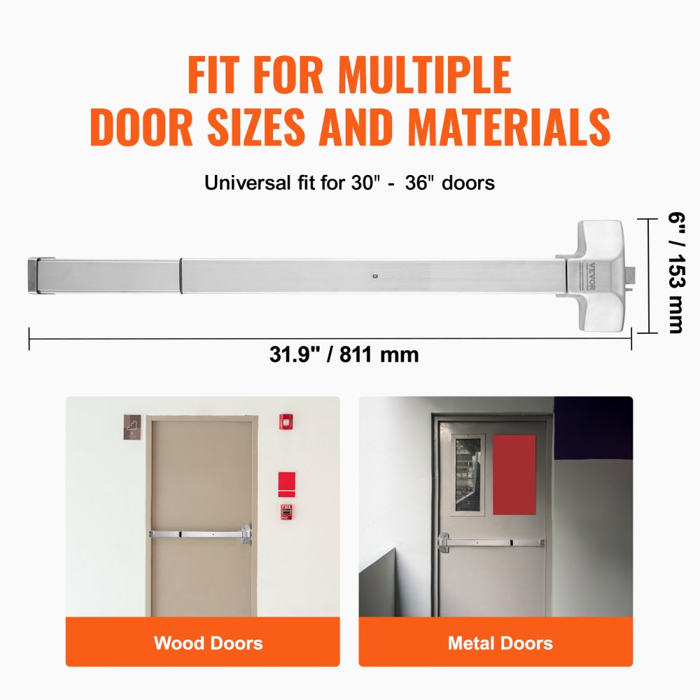 Door Push Bar Panic Exit Device, 31” Stainless Steel Commercial Emergency Exit Door Push Bar with Exterior Lever and 3 Keys, Emergency Exit Door Hardware for 30"-36" Metal Wood Door
