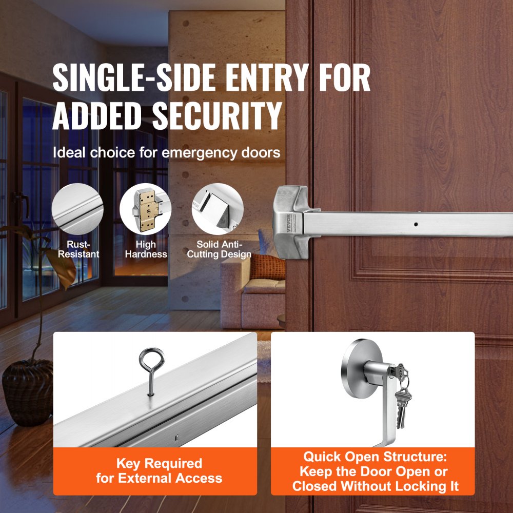 Door Push Bar Panic Exit Device, 31” Stainless Steel Commercial Emergency Exit Door Push Bar with Exterior Lever and 3 Keys, Emergency Exit Door Hardware for 30"-36" Metal Wood Door