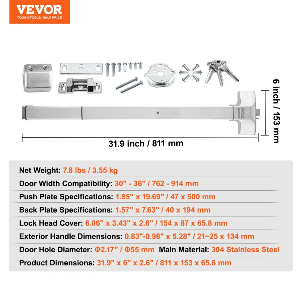 Door Push Bar Panic Exit Device, 31” Stainless Steel Commercial Emergency Exit Door Push Bar with Exterior Lever and 3 Keys, Emergency Exit Door Hardware for 30"-36" Metal Wood Door