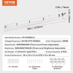 4PCS 4FT LED Vapor Tight Light 60W/50W/40W Selectable 5400/6400/7400LM