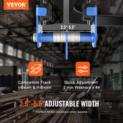 Manual Trolley, 1100 lbs/0.5 Ton Load Capacity Push Beam Trolley with Dual Wheels, Adjustable for I-Beam Flange Width 2.5" to 5.5", Heavy Duty Alloy Steel Garage Hoist for Straight Curved I Beam