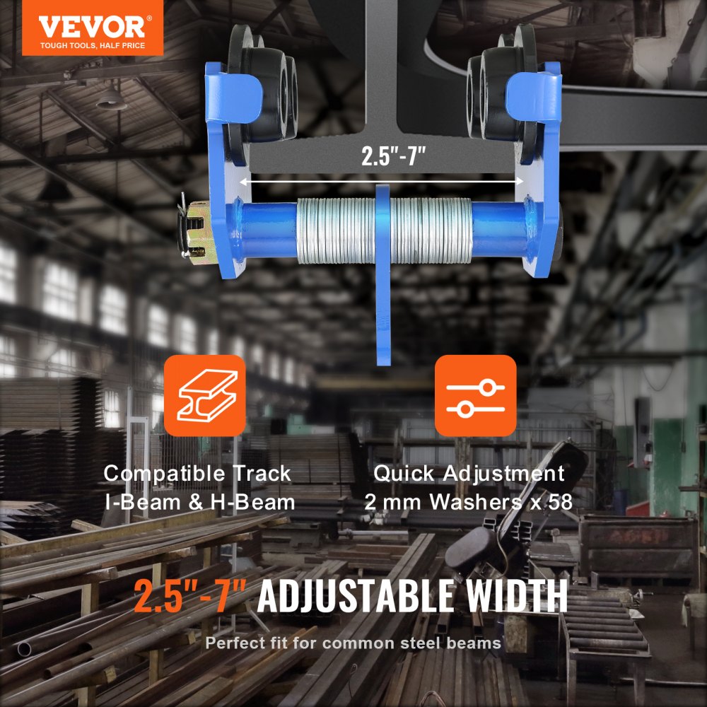 Manual Trolley, 6600 lbs/3 Ton Load Capacity, Push Beam Trolley with Dual Wheels, Adjustable for I-Beam Flange Width 2.5" to 7", Heavy Duty Alloy Steel Garage Hoist for Straight Curved I Beam