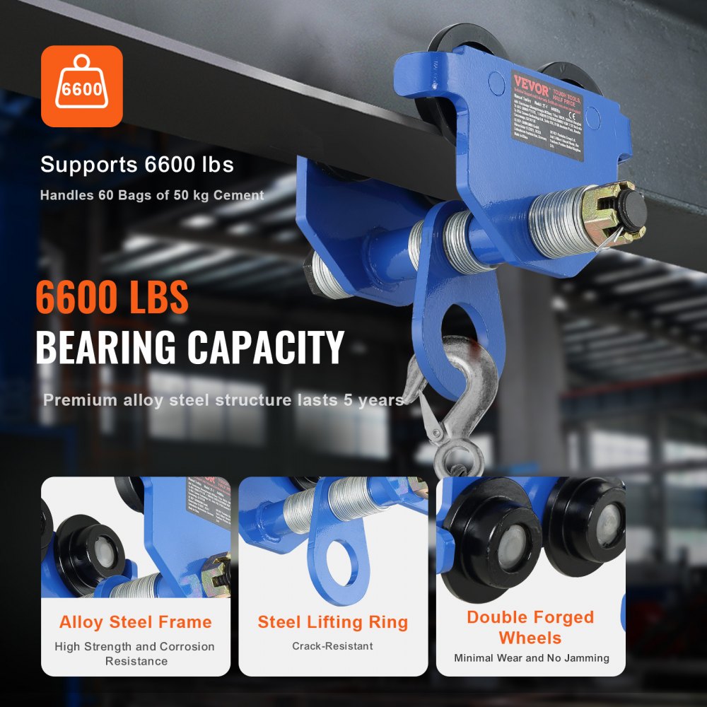 Manual Trolley, 6600 lbs/3 Ton Load Capacity, Push Beam Trolley with Dual Wheels, Adjustable for I-Beam Flange Width 2.5" to 7", Heavy Duty Alloy Steel Garage Hoist for Straight Curved I Beam