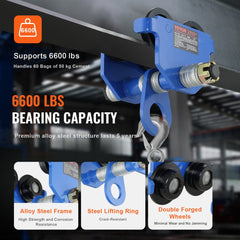 Manual Trolley, 6600 lbs/3 Ton Load Capacity, Push Beam Trolley with Dual Wheels, Adjustable for I-Beam Flange Width 2.5" to 7", Heavy Duty Alloy Steel Garage Hoist for Straight Curved I Beam