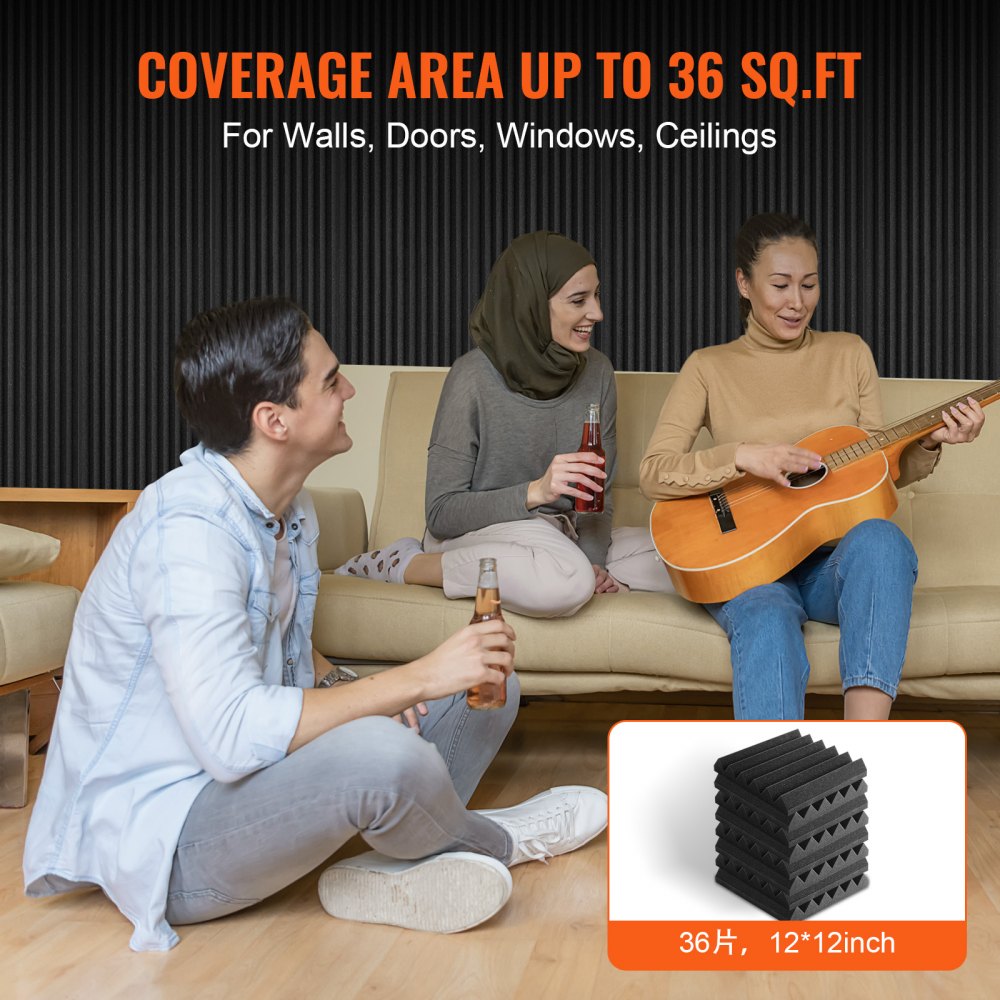 Bostome Acoustic Foam Panels in a 36 pack, each 12x12x2 inches, designed for soundproofing.