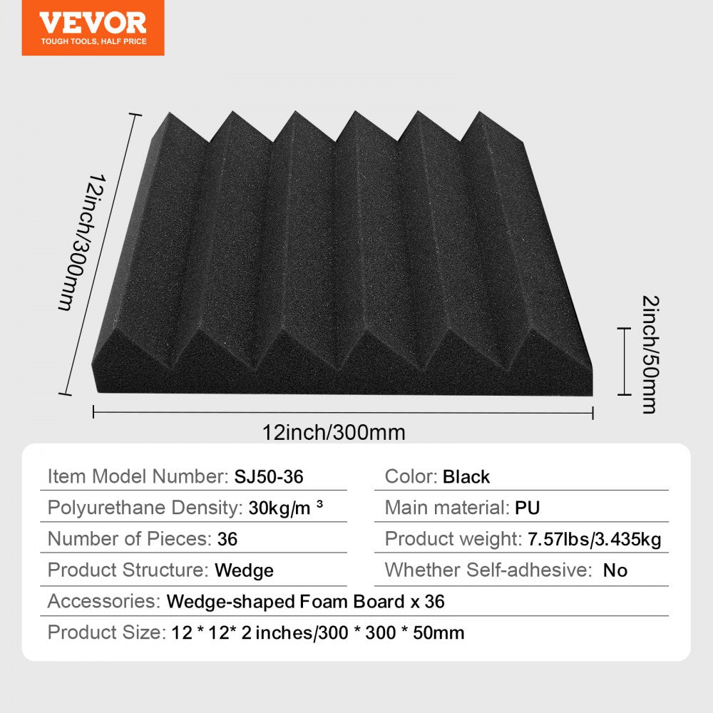Bostome Acoustic Foam Panels in a 36 pack, each 12x12x2 inches, feature a wedge-shaped design.