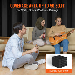 Bostome Acoustic Foam Panels in a pack of 50, each measuring 12x12x2 inches, in wedge shape.