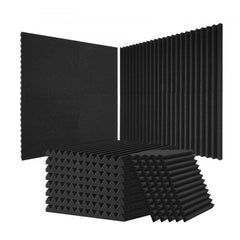 52-pack of black high-density polyurethane acoustic foam panels, 12x12x1 inches, in wedge and flat styles.