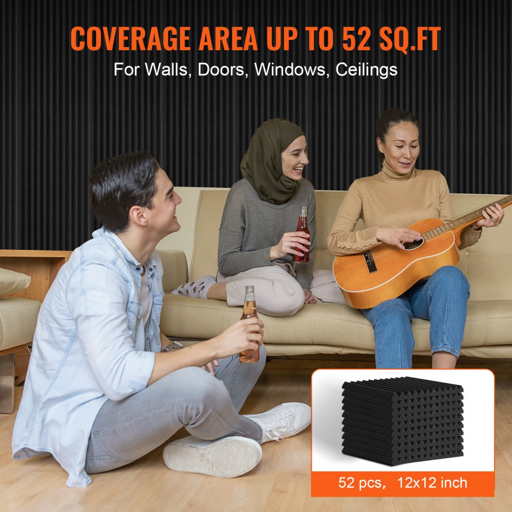 52-pack of 12x12x1-inch black high-density polyurethane acoustic foam panels for sound absorption.