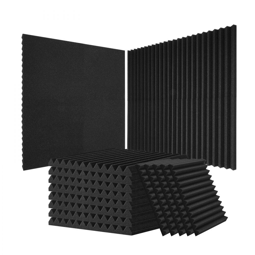 52-pack of black 12x12x1-inch high-density polyurethane acoustic foam panels with wedge and flat designs.