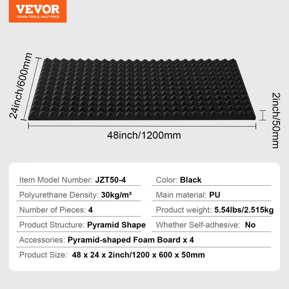 Four pyramid-shaped acoustic foam panels in gray, measuring 48x24x2 inches each.