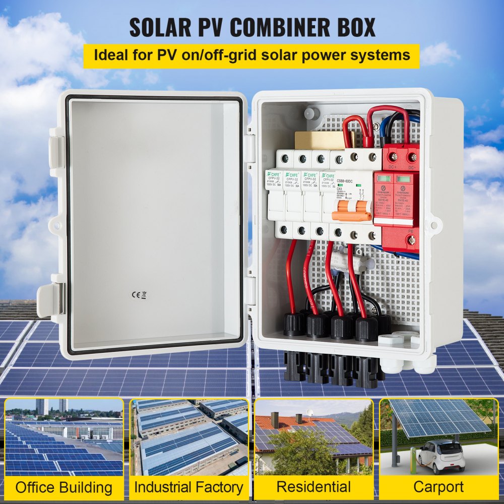 Open white IP65 PV combiner box with 4 strings, 15A fuses, 63A breaker, and red wires.