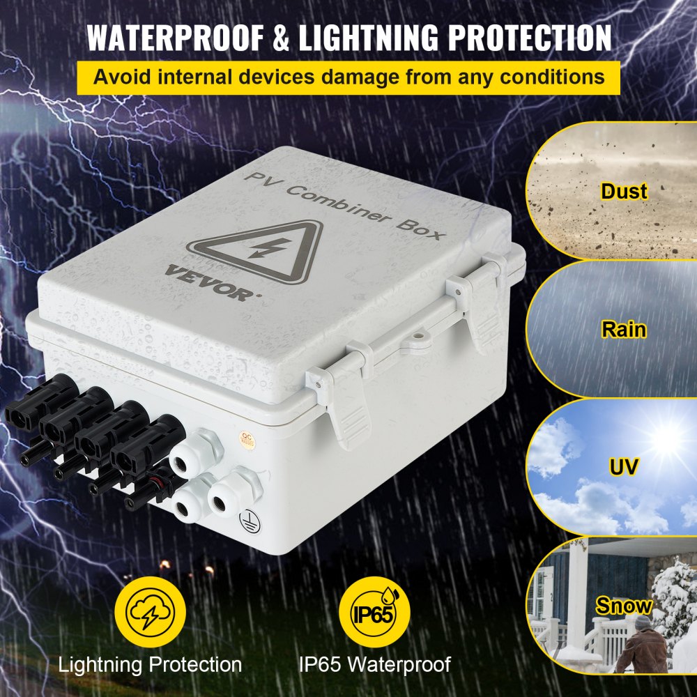 White Bostome 4-string PV combiner box with fuses, breaker, and IP65 waterproof rating.