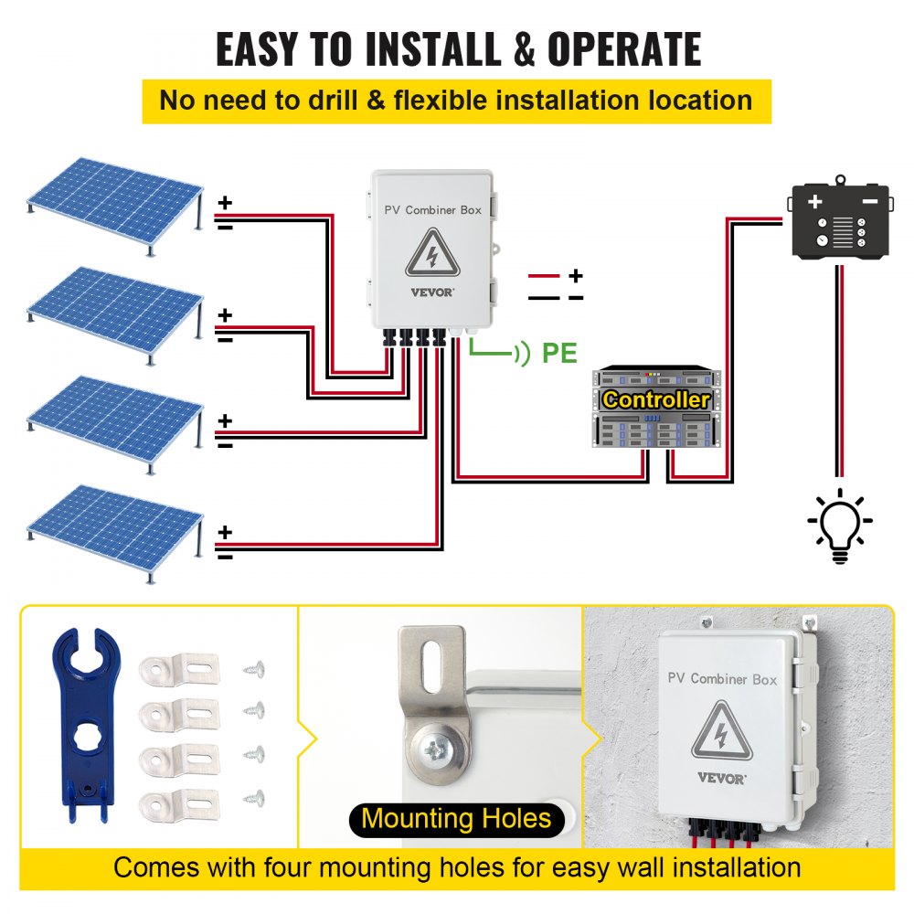 Diagram of easy-to-install 4-string PV combiner box with mounting holes, cables, and solar panels.