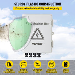White Bostome 4-string PV combiner box with sturdy plastic construction, fuses, breaker, and IP65 weatherproofing.