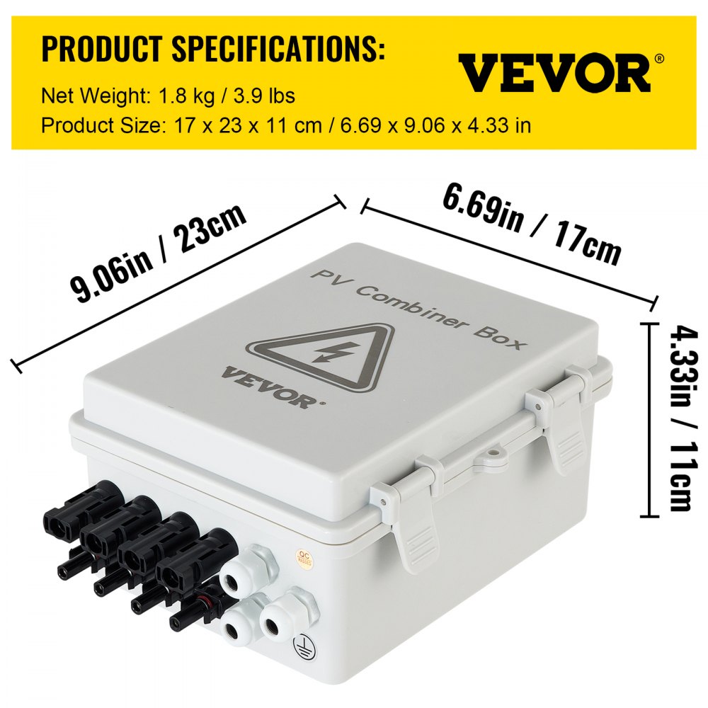 White Bostome 4-string PV combiner box with fuses, breaker, and dimensions shown.