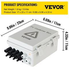 White Bostome 4-string PV combiner box with fuses, breaker, and dimensions shown.