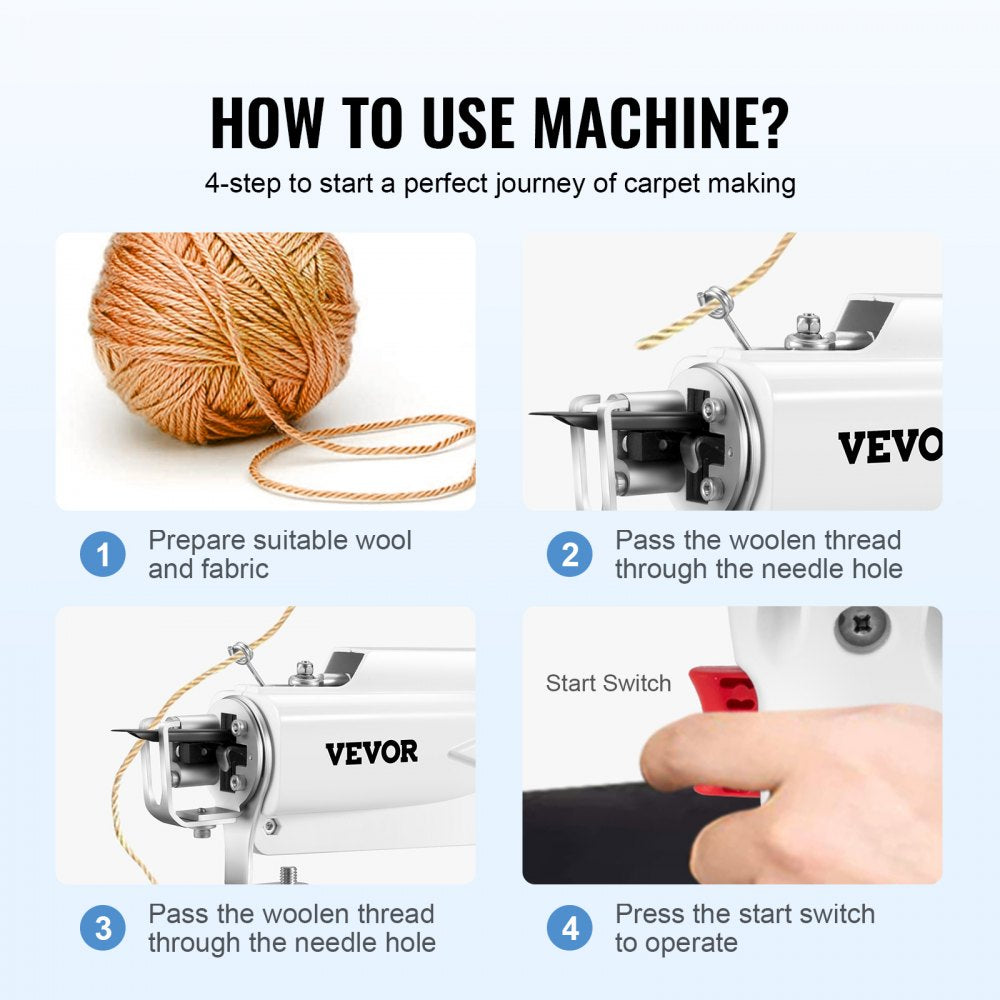 Electric carpet weaving machine with adjustable height and ergonomic handle for tufting.