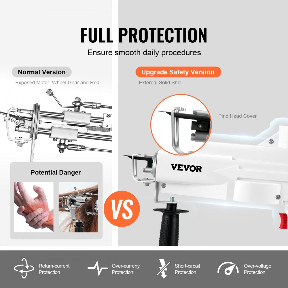 Electric carpet weaving machine with adjustable height and ergonomic handle for tufting.