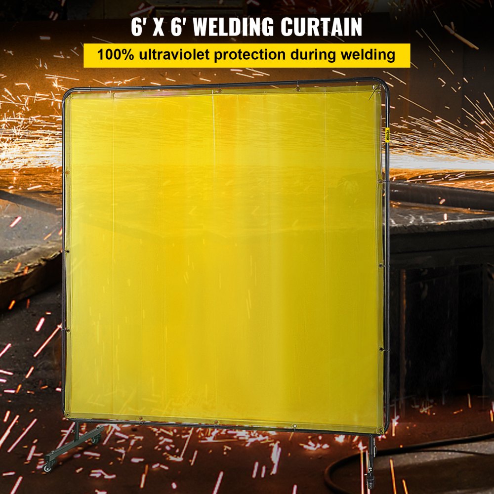 Welding Screen with Frame 6` x 6`, Welding Curtain with 4 Wheels, Welding Protection Screen Yellow Flame-Resistant Vinyl, Portable Light-Proof Professional