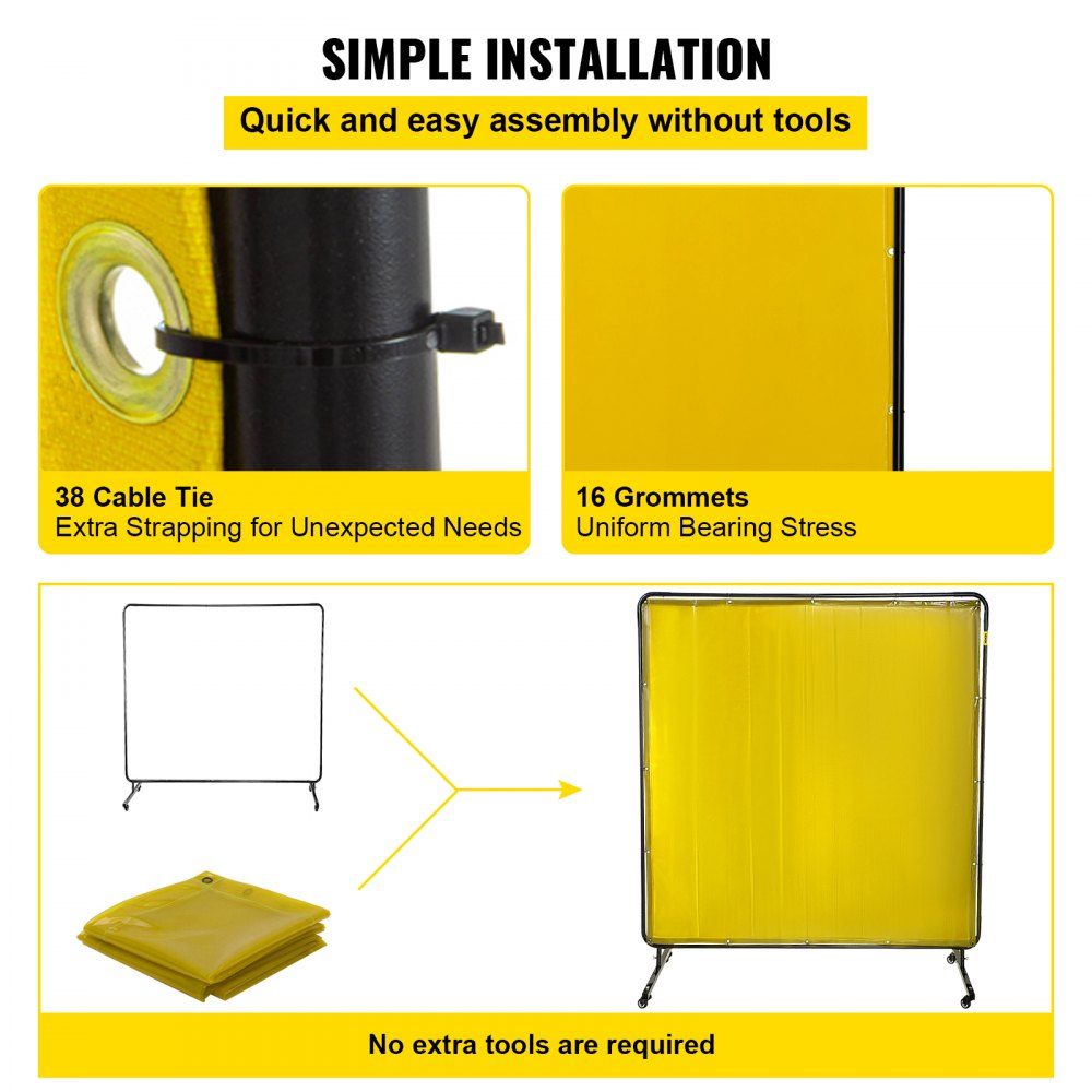 Welding Screen with Frame 6` x 6`, Welding Curtain with 4 Wheels, Welding Protection Screen Yellow Flame-Resistant Vinyl, Portable Light-Proof Professional