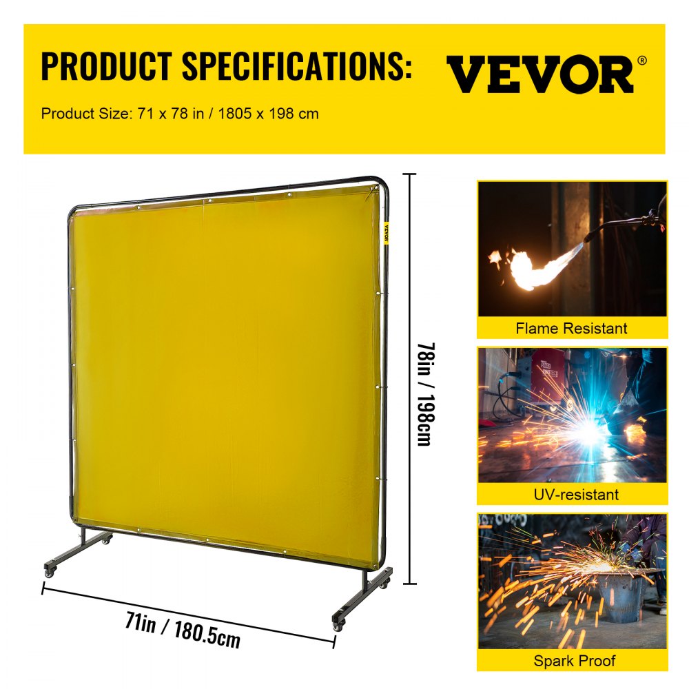 Welding Screen with Frame 6` x 6`, Welding Curtain with 4 Wheels, Welding Protection Screen Yellow Flame-Resistant Vinyl, Portable Light-Proof Professional