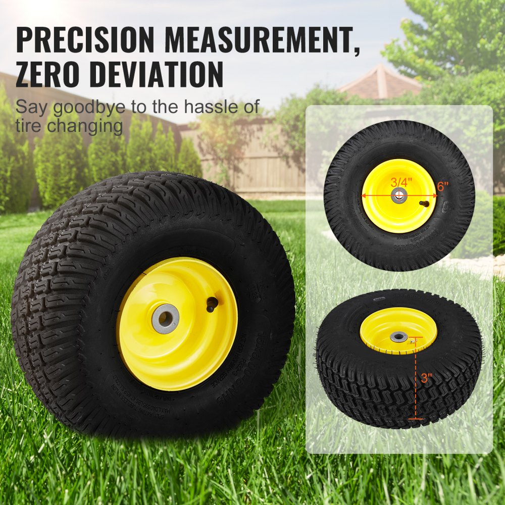 Lawn Mower Tires with Rim, 15x6-6" Tubeless Tractor Tires, 2-Pack Tire and Wheel Assembly, S-Turf Pneumatic Tires, 3" Offset Hub, 3/4" Bushing Size, 16 PCS Adapters for Riding Mower Lawn Tractor