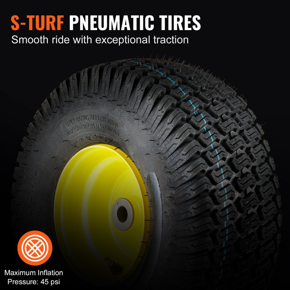 Lawn Mower Tires with Rim, 15x6-6" Tubeless Tractor Tires, 2-Pack Tire and Wheel Assembly, S-Turf Pneumatic Tires, 3" Offset Hub, 3/4" Bushing Size, 16 PCS Adapters for Riding Mower Lawn Tractor