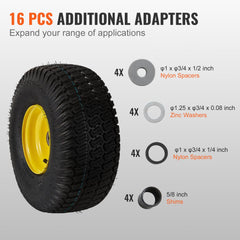 Lawn Mower Tires with Rim, 15x6-6" Tubeless Tractor Tires, 2-Pack Tire and Wheel Assembly, S-Turf Pneumatic Tires, 3" Offset Hub, 3/4" Bushing Size, 16 PCS Adapters for Riding Mower Lawn Tractor