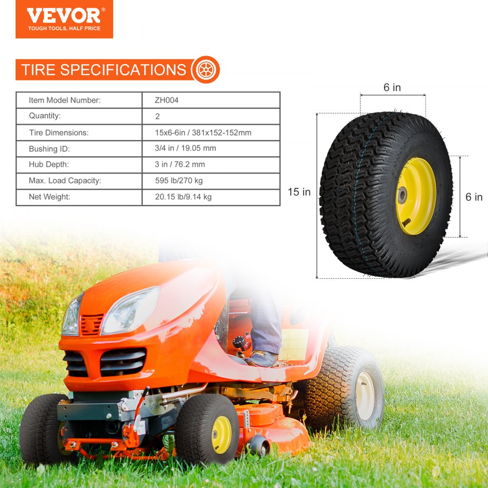 Lawn Mower Tires with Rim, 15x6-6" Tubeless Tractor Tires, 2-Pack Tire and Wheel Assembly, S-Turf Pneumatic Tires, 3" Offset Hub, 3/4" Bushing Size, 16 PCS Adapters for Riding Mower Lawn Tractor