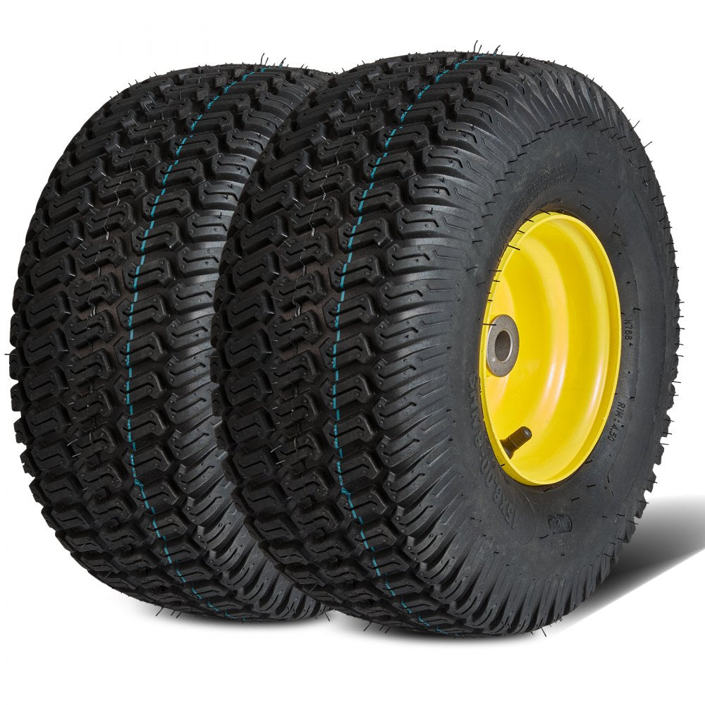 Lawn Mower Tires with Rim, 15x6-6" Tubeless Tractor Tires, 2-Pack Tire and Wheel Assembly, S-Turf Pneumatic Tires, 3" Offset Hub, 3/4" Bushing Size, 16 PCS Adapters for Riding Mower Lawn Tractor