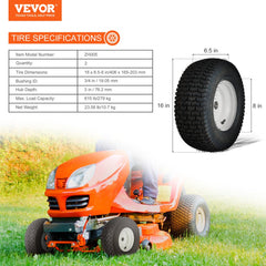 Lawn Mower Tires with Rim, 16x6.5-8" Tubeless Tractor Tires, 2-Pack Tire and Wheel Assembly, Turf Pneumatic Tires, 3" Offset Hub, 3/4" Bushing Size, 16 PCS Adapters for Riding Mower Lawn Tractor
