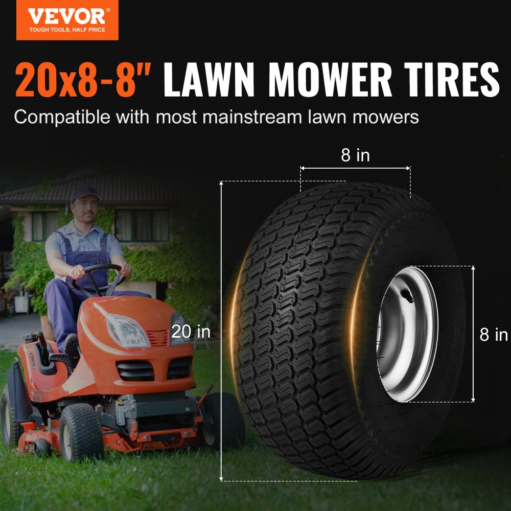Lawn Mower Tires with Rim, 20x8-8" Tubeless Tractor Tires, 2-Pack Tire, S-Turf Pneumatic Tires with 3.5" Offset Hub and 3/4" Bushing Size, for Riding Mowers Lawn Tractors
