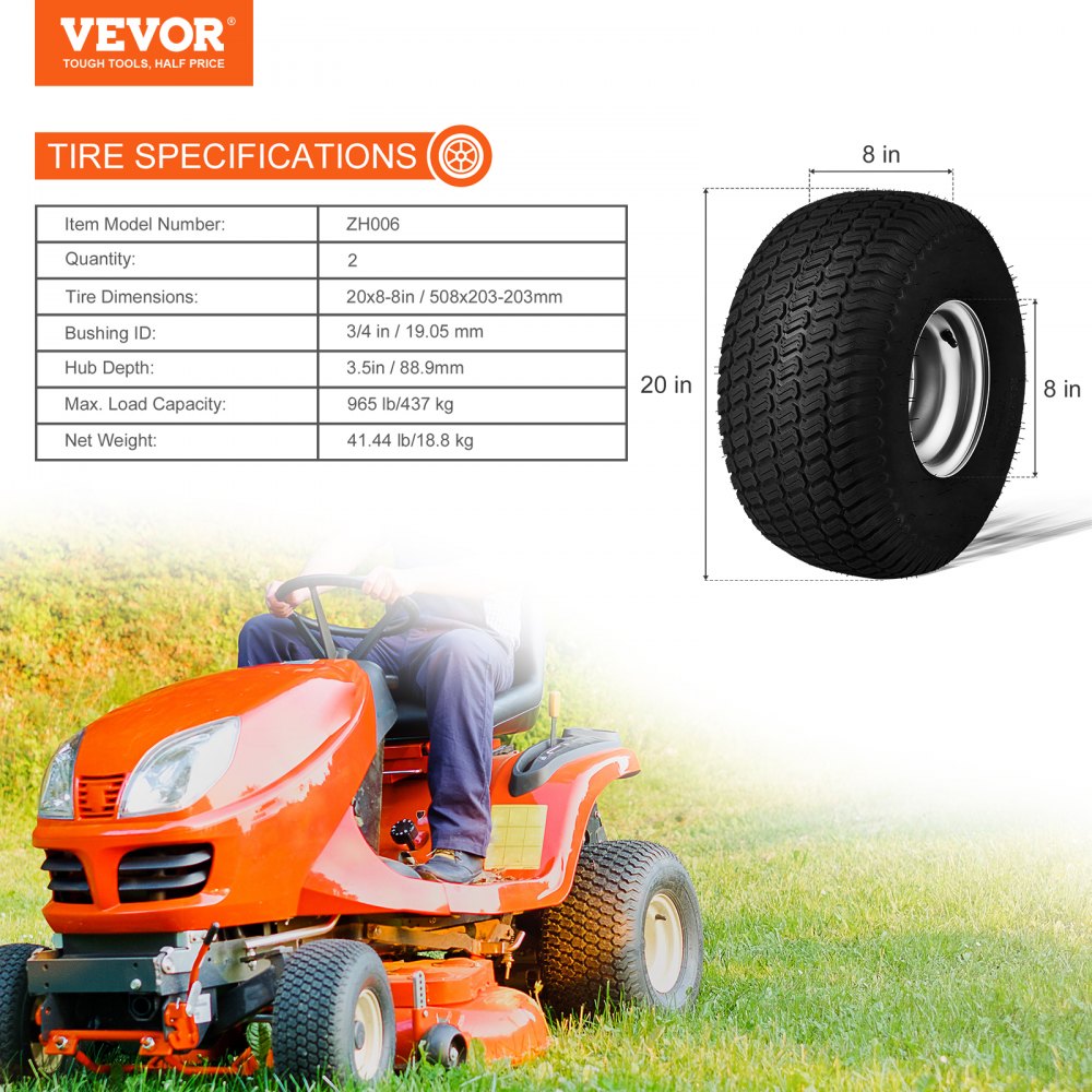 Lawn Mower Tires with Rim, 20x8-8" Tubeless Tractor Tires, 2-Pack Tire, S-Turf Pneumatic Tires with 3.5" Offset Hub and 3/4" Bushing Size, for Riding Mowers Lawn Tractors