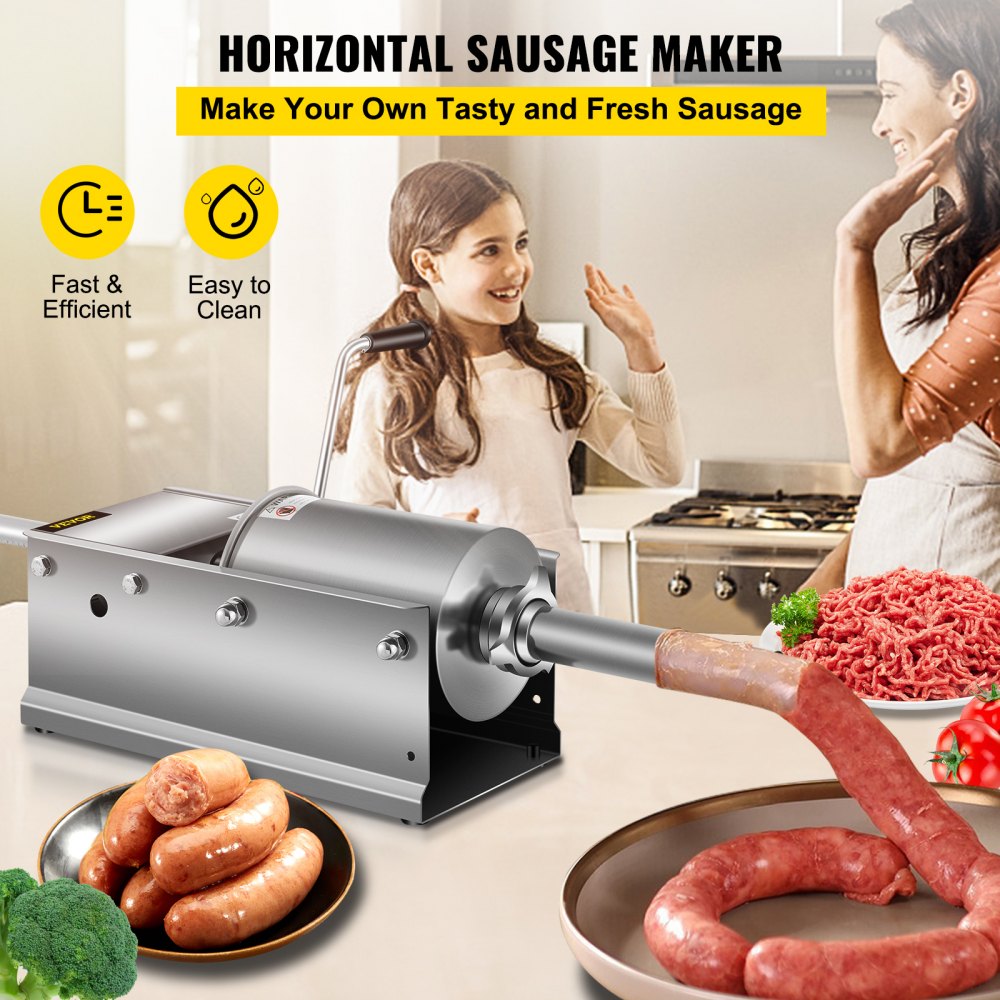 Horizontal Sausage Stuffer 3L/ 7Lbs Manual Sausage Maker With 5 Filling Nozzles Sausage Stuffing Machine For Home & Commercial Use Stainless Steel