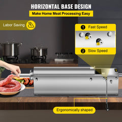 Horizontal Sausage Stuffer 7L/15Lbs Manual Sausage Maker With 5 Filling Nozzles Sausage Stuffing Machine For Home & Commercial Use Stainless Steel