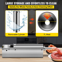 Horizontal Sausage Stuffer 7L/15Lbs Manual Sausage Maker With 5 Filling Nozzles Sausage Stuffing Machine For Home & Commercial Use Stainless Steel