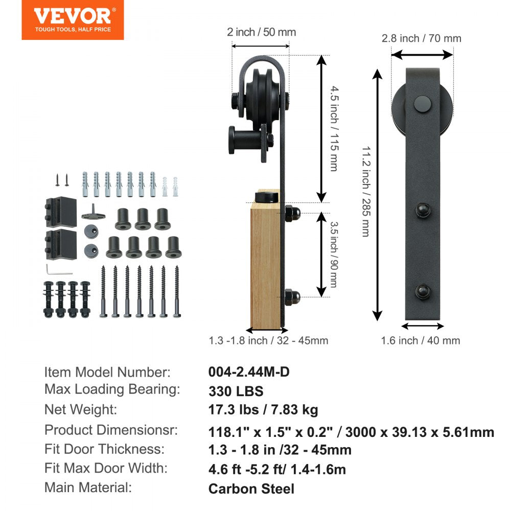 10FT Sliding Barn Door Hardware Kit, 330LBS Loading Heavy Duty Barn Door Track Kit for Single Door, Fit 4.6-5.2FT Wide and 1.3"-1.8" Thick Door Panel, with Smooth & Silent Pulley (J Shape)