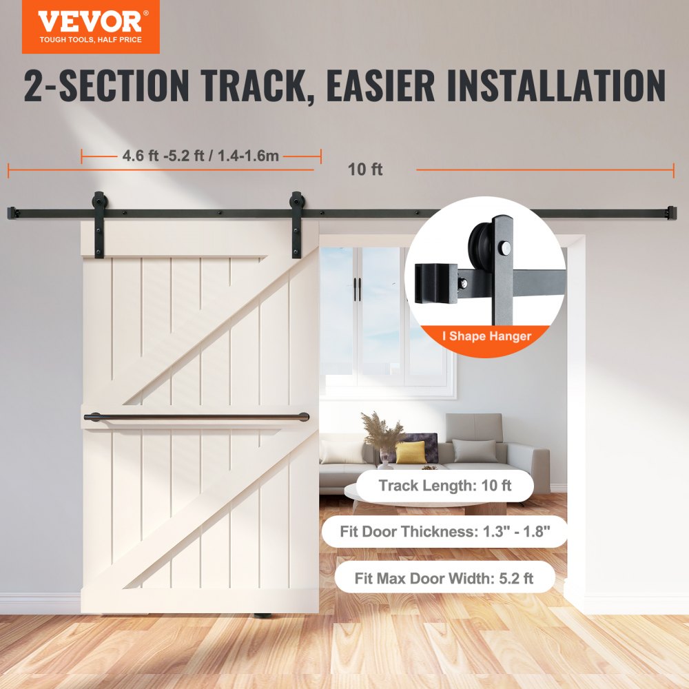 10FT Sliding Barn Door Hardware Kit, 330LBS Loading Heavy Duty Barn Door Track Kit for Single Door, Fit 4.6-5.2FT Wide and 1.3"-1.8" Thick Door Panel, with Smooth & Silent Pulley (I Shape)