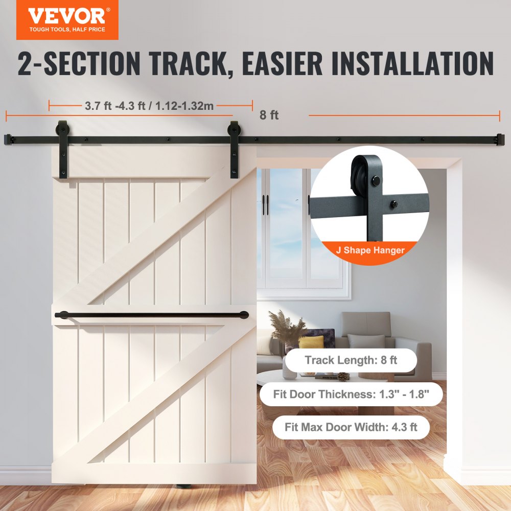 8FT Sliding Barn Door Hardware Kit, 330LBS Loading Heavy Duty Barn Door Track Kit for Single Door, Fit 3.7-4.3FT Wide and 1.3"-1.8" Thick Door Panel, with Smooth & Silent Pulley (J Shape)