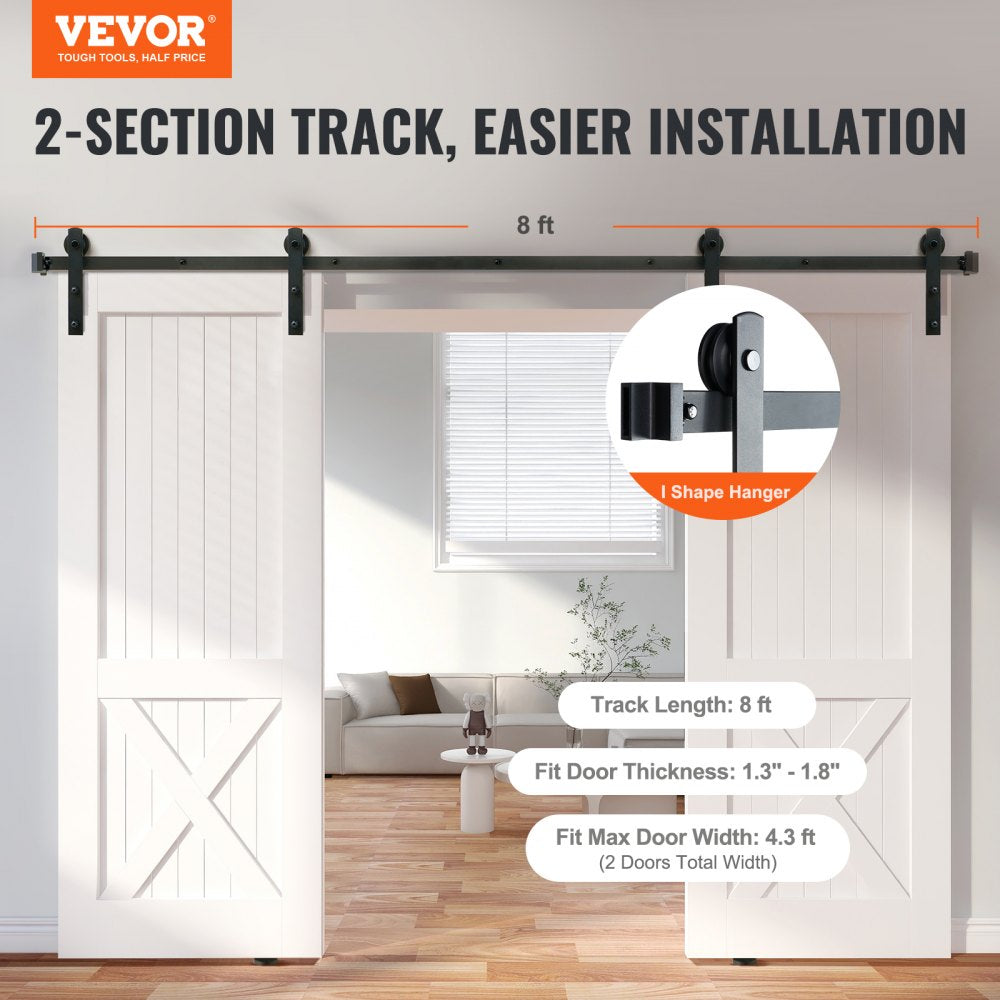 8FT Sliding Barn Door Hardware Kit, 330LBS Heavy Duty Barn Door Track Kit for Double Doors, Fit 3.7-4.3FT Total Wide and 1.3"-1.8" Thick 2 Door Panel, with Smooth & Silent Pulley (I Shape)