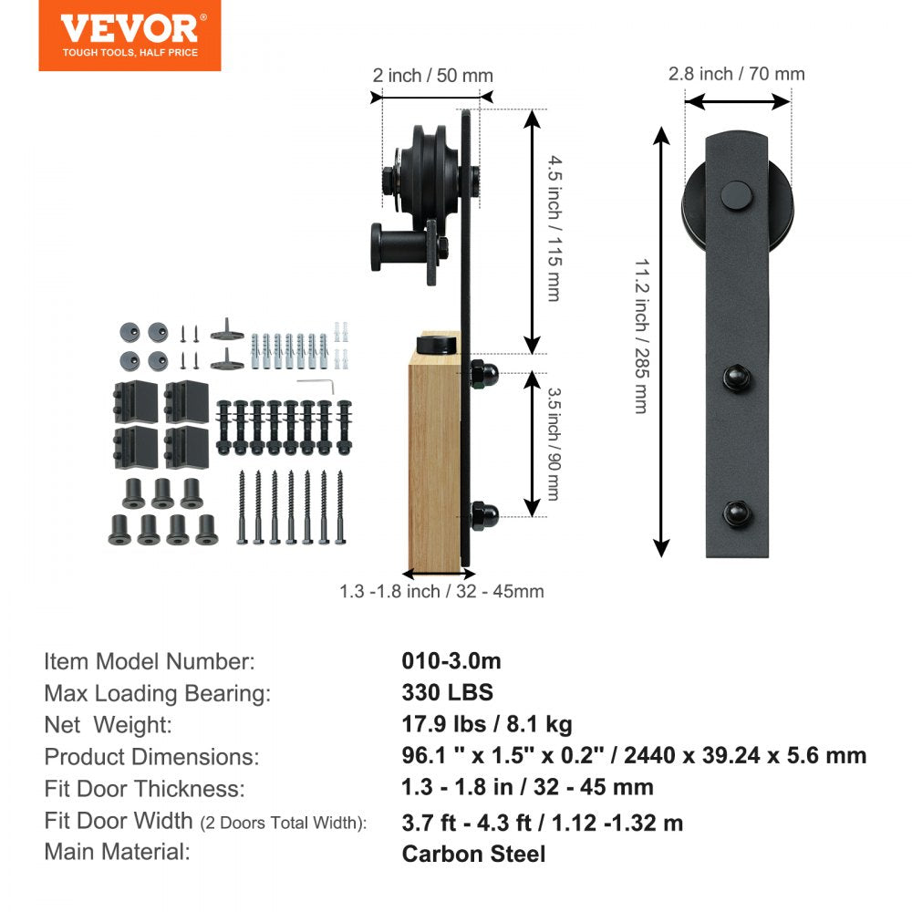 8FT Sliding Barn Door Hardware Kit, 330LBS Heavy Duty Barn Door Track Kit for Double Doors, Fit 3.7-4.3FT Total Wide and 1.3"-1.8" Thick 2 Door Panel, with Smooth & Silent Pulley (I Shape)