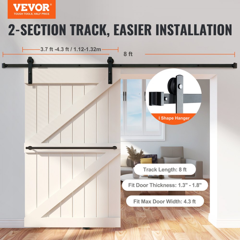 8FT Sliding Barn Door Hardware Kit, 330LBS Loading Heavy Duty Barn Door Track Kit for Single Door, Fit 3.7-4.3FT Wide and 1.3"-1.8" Thick Door Panel, with Smooth & Silent Pulley (I Shape)