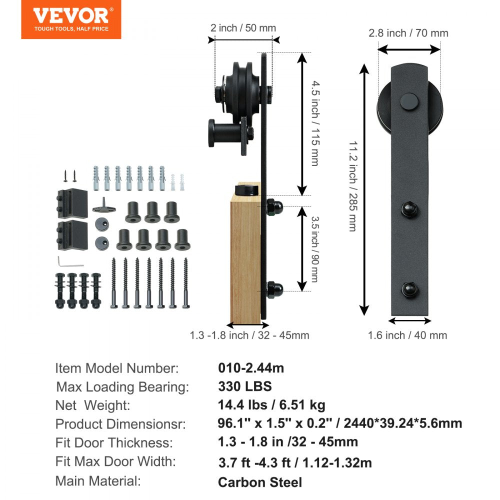 8FT Sliding Barn Door Hardware Kit, 330LBS Loading Heavy Duty Barn Door Track Kit for Single Door, Fit 3.7-4.3FT Wide and 1.3"-1.8" Thick Door Panel, with Smooth & Silent Pulley (I Shape)