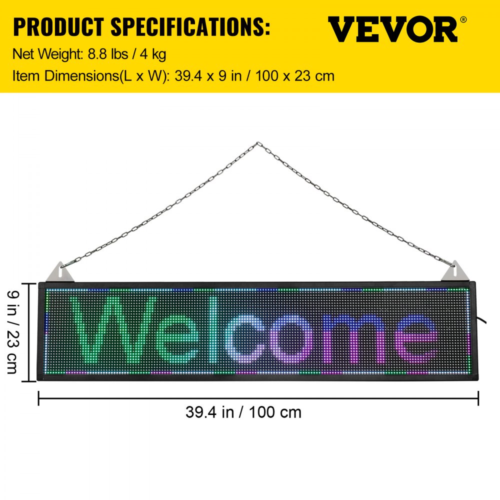 LED Scrolling Sign, 40" x 9" WiFi & USB Control, Full Color P6 Programmable Display, Indoor High Resolution Message Board, High Brightness Electronic Sign, Perfect Solution for Advertising