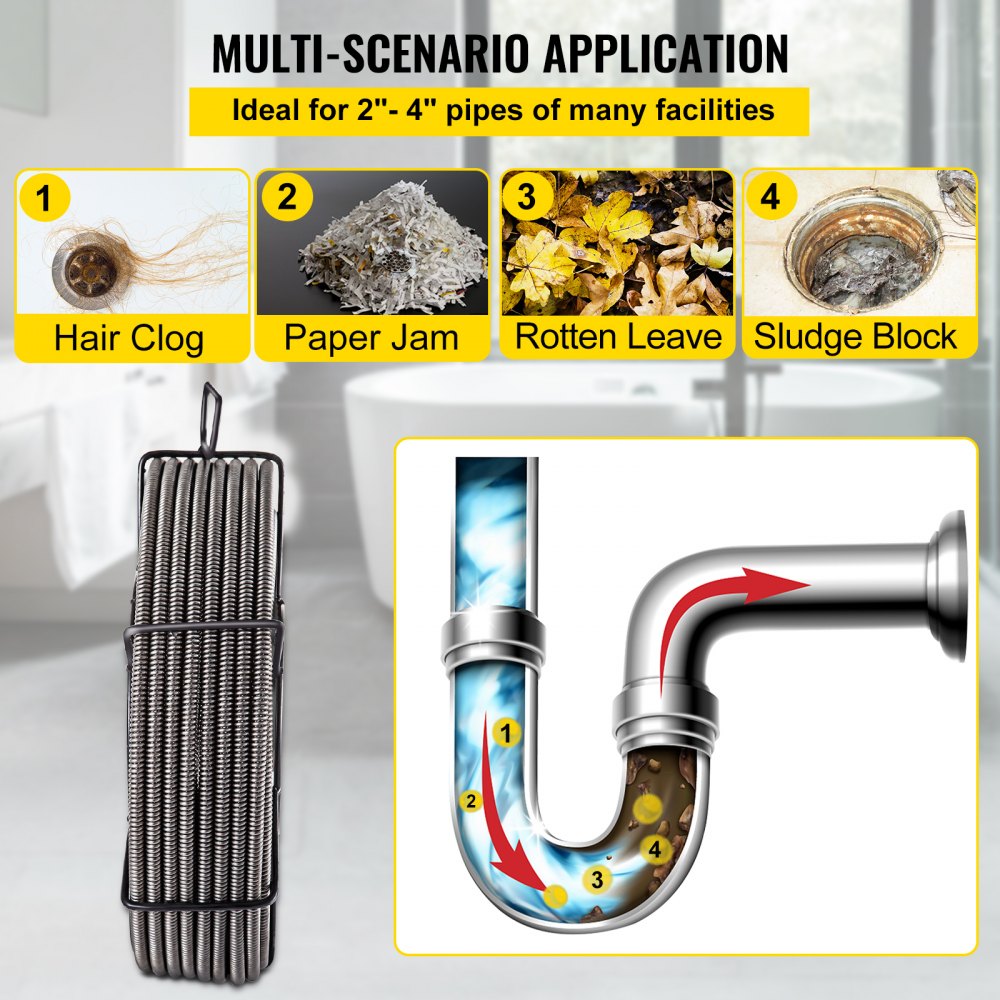 100ft long solid core drain cleaning cable made of durable 65MN steel for tough clogs.