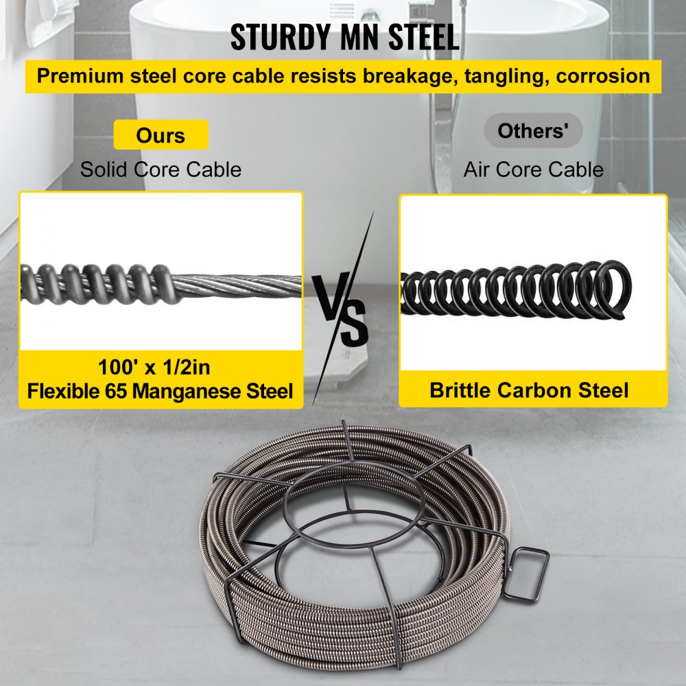 100ft long, 1/2in diameter drain cleaning cable made of durable 65MN steel.